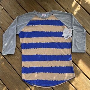 LuLaRoe Blue and Tan Raglan Tee with Gray Accents
